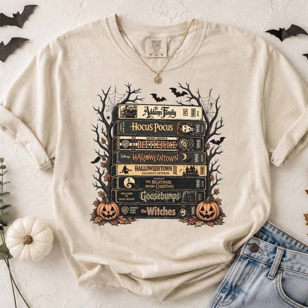 Comfort Colors Vintage Halloween VHS Stack Graphic Tee Shirt