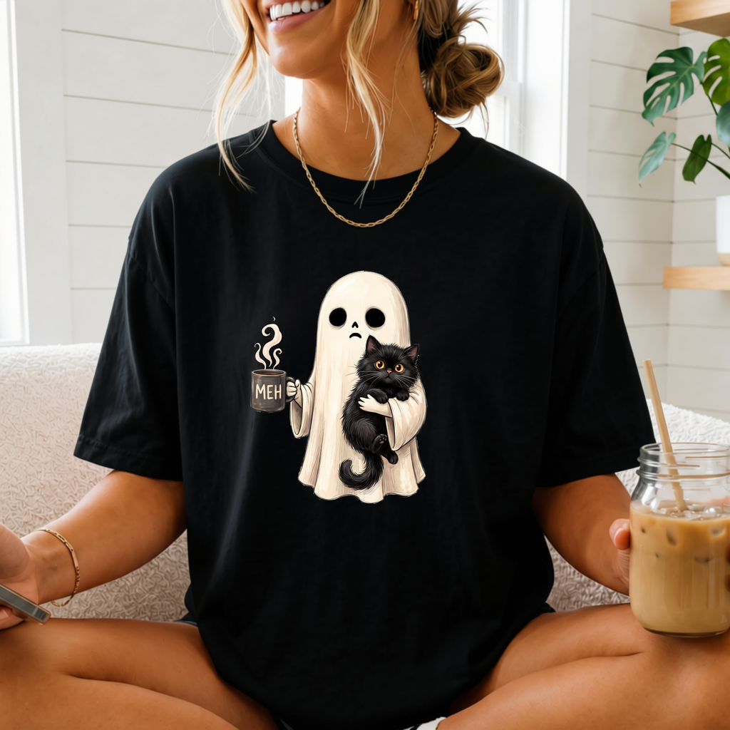 Cute Ghost Hugging Black Cat Shirt – Cozy Halloween Sweatshirt