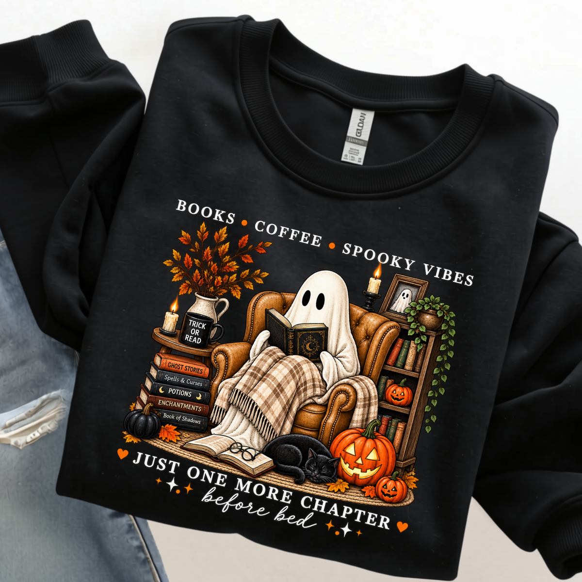 Ghost Reading Book Sweatshirt | Books Coffee Spooky Vibes Shirt | Cozy Ghost Reader Tee