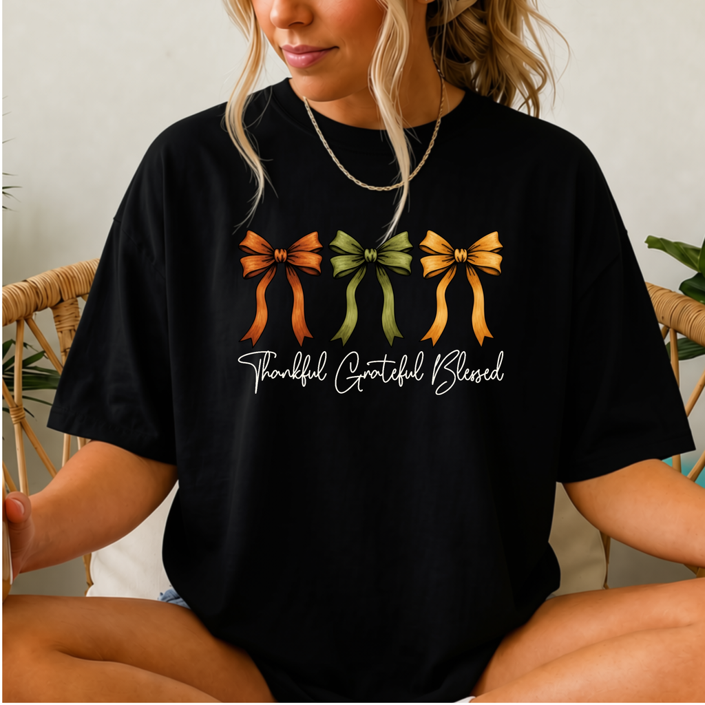 Thanksgiving Shirt-Thankful Grateful Blessed - Coquette Bow Design