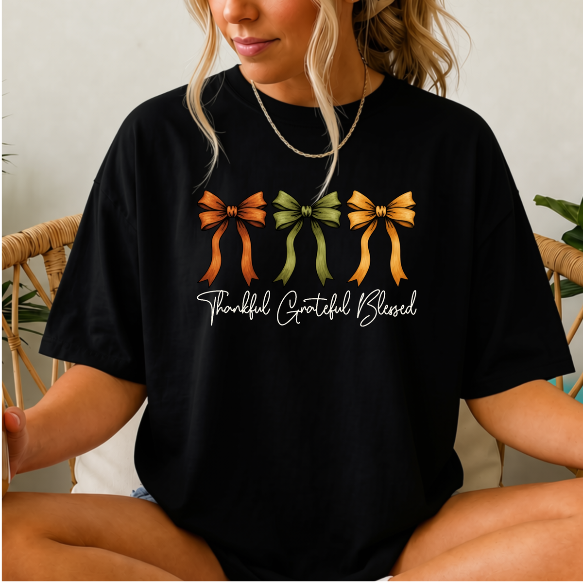 Thanksgiving Shirt-Thankful Grateful Blessed - Coquette Bow Design