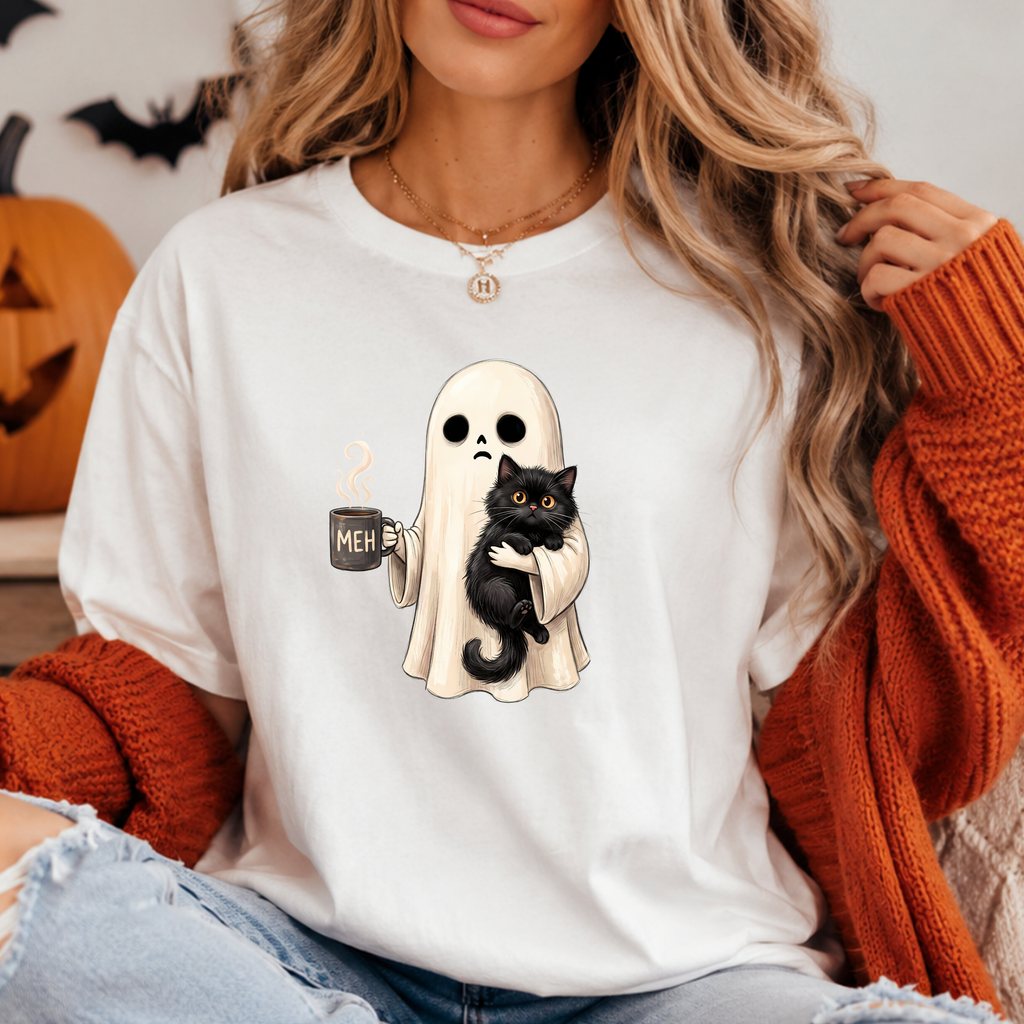 Cute Ghost Hugging Black Cat Shirt – Cozy Halloween Sweatshirt