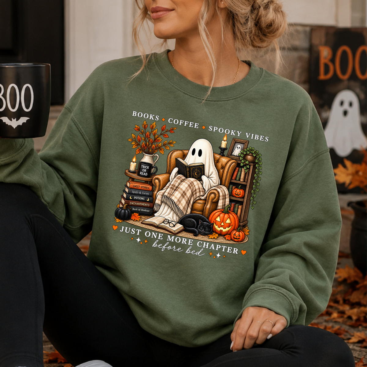 Ghost Reading Book Sweatshirt | Books Coffee Spooky Vibes Shirt | Cozy Ghost Reader Tee