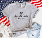 "America Est. 1776" Patriotic T-Shirt - Cute 4th of July Heart Graphic Tee