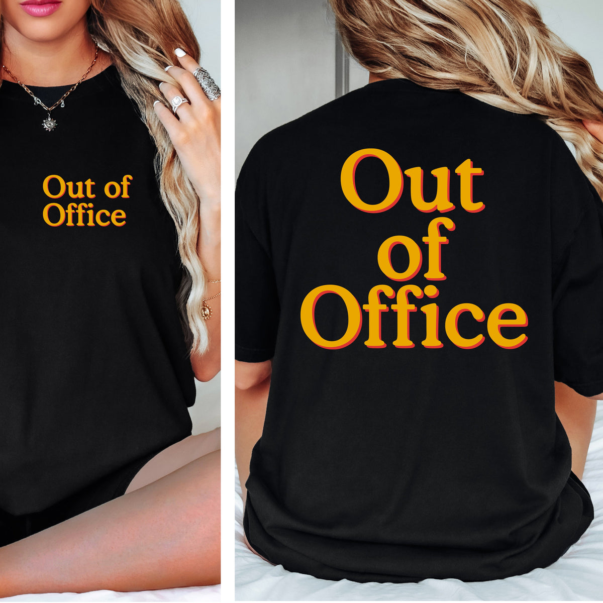 Black t-shirt with 'Out of Office' text on front and back worn by a person.