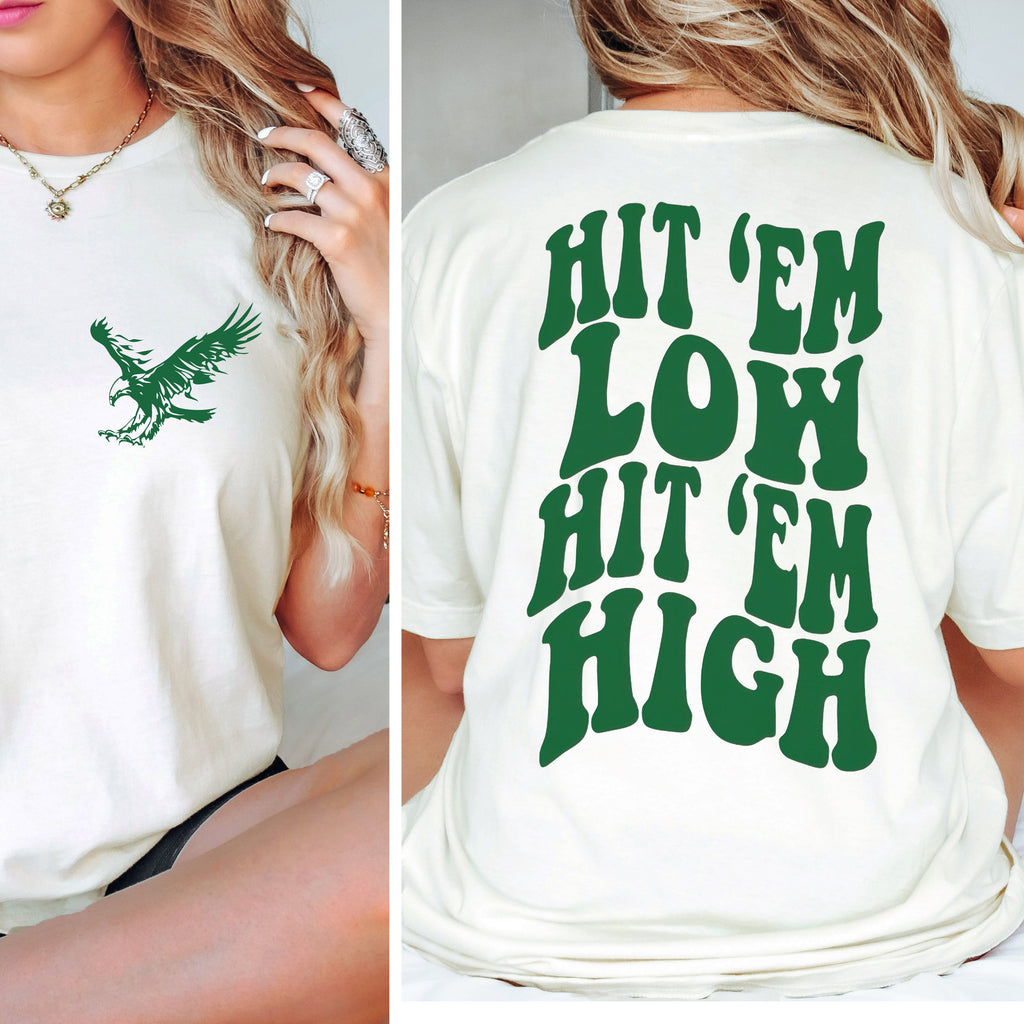 White t-shirt with green logo and text on front and back