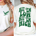 White t-shirt with green logo and text on front and back