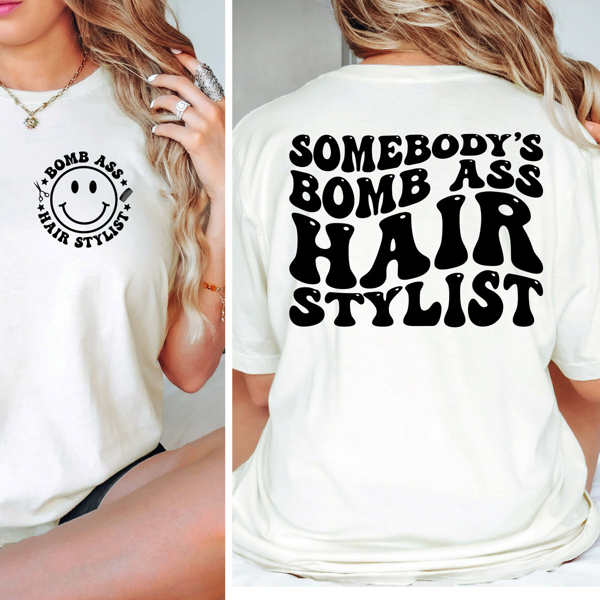 White t-shirt with smiley face design on front and text on back, worn by a person.
