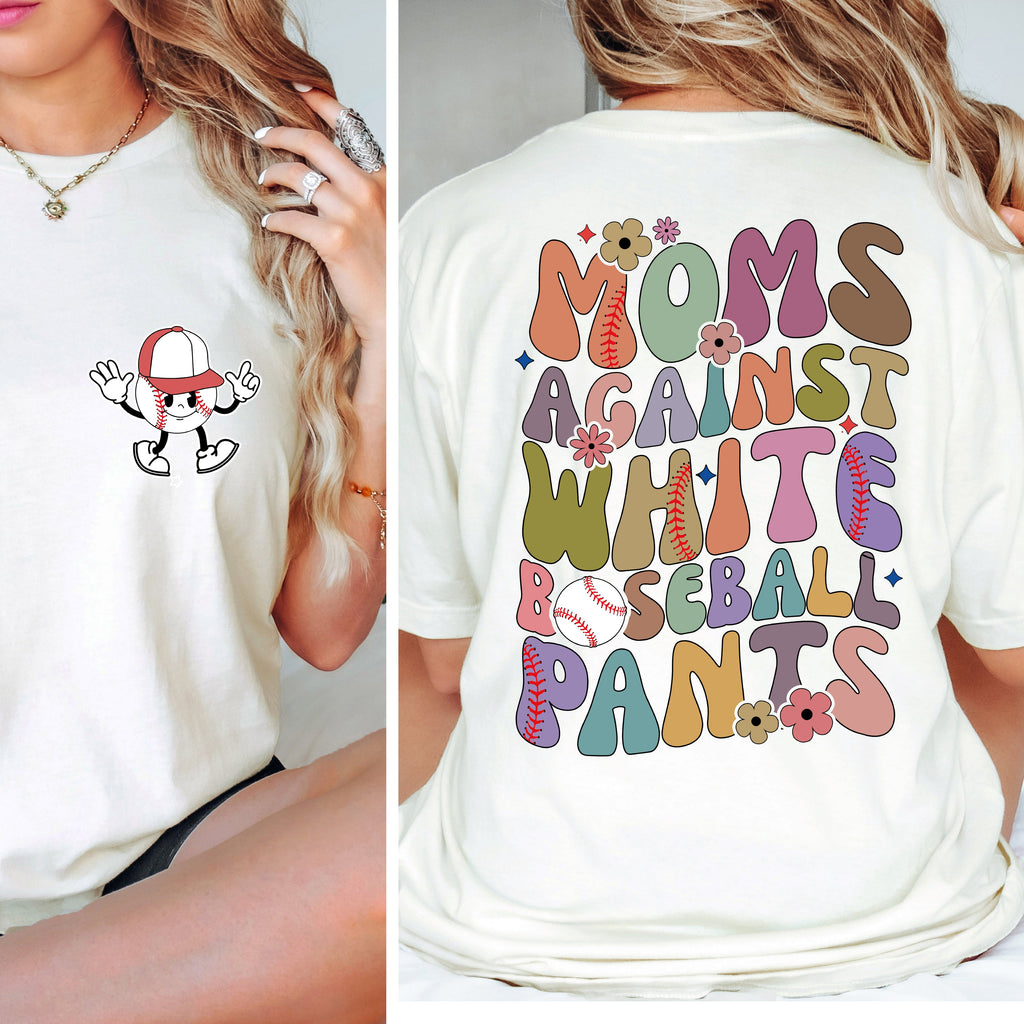 White t-shirt with cartoon character on front and colorful text on back