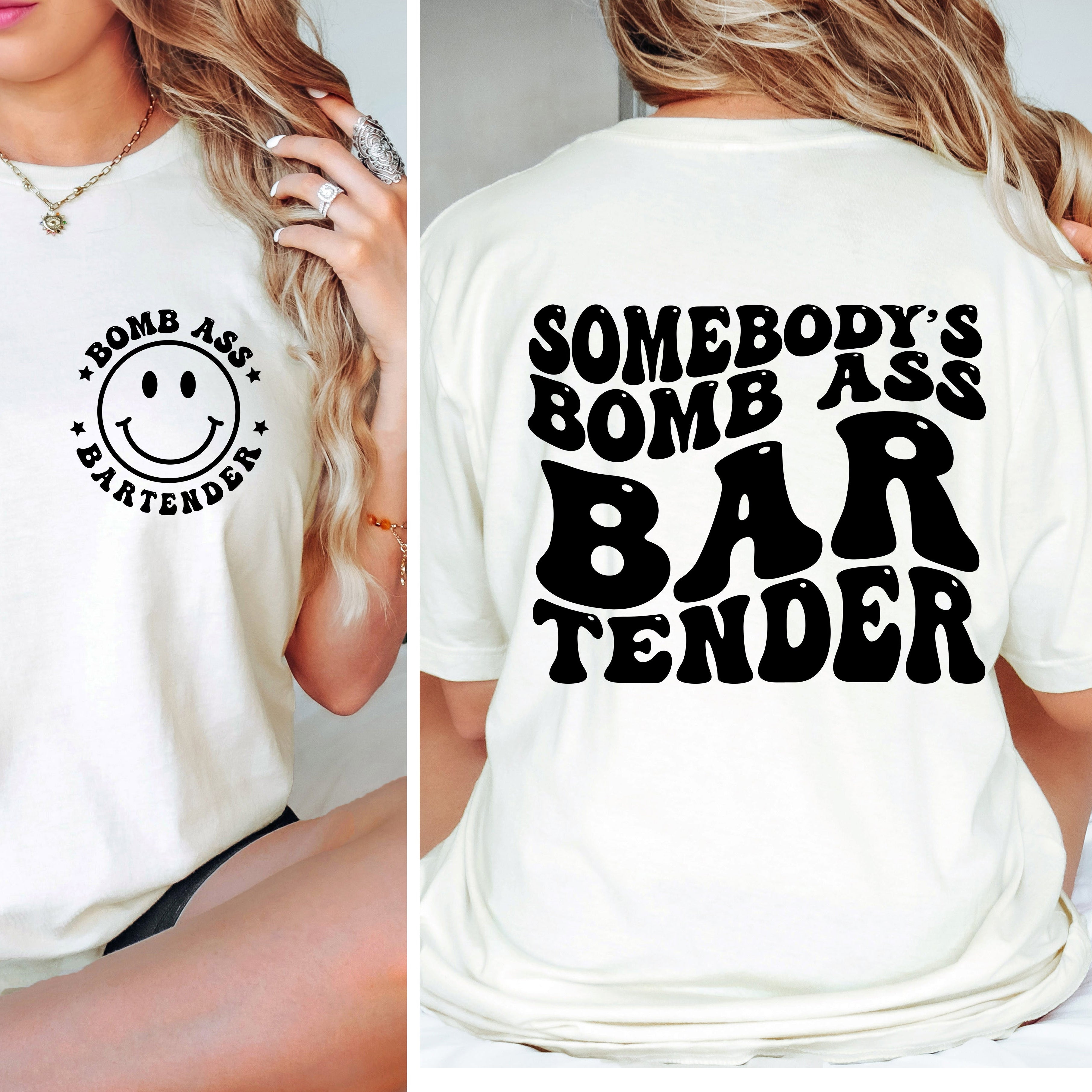 White t-shirt with 'Bomb Ass Bartender' design on front and back