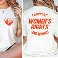 White t-shirt with red text on front and back worn by a person.