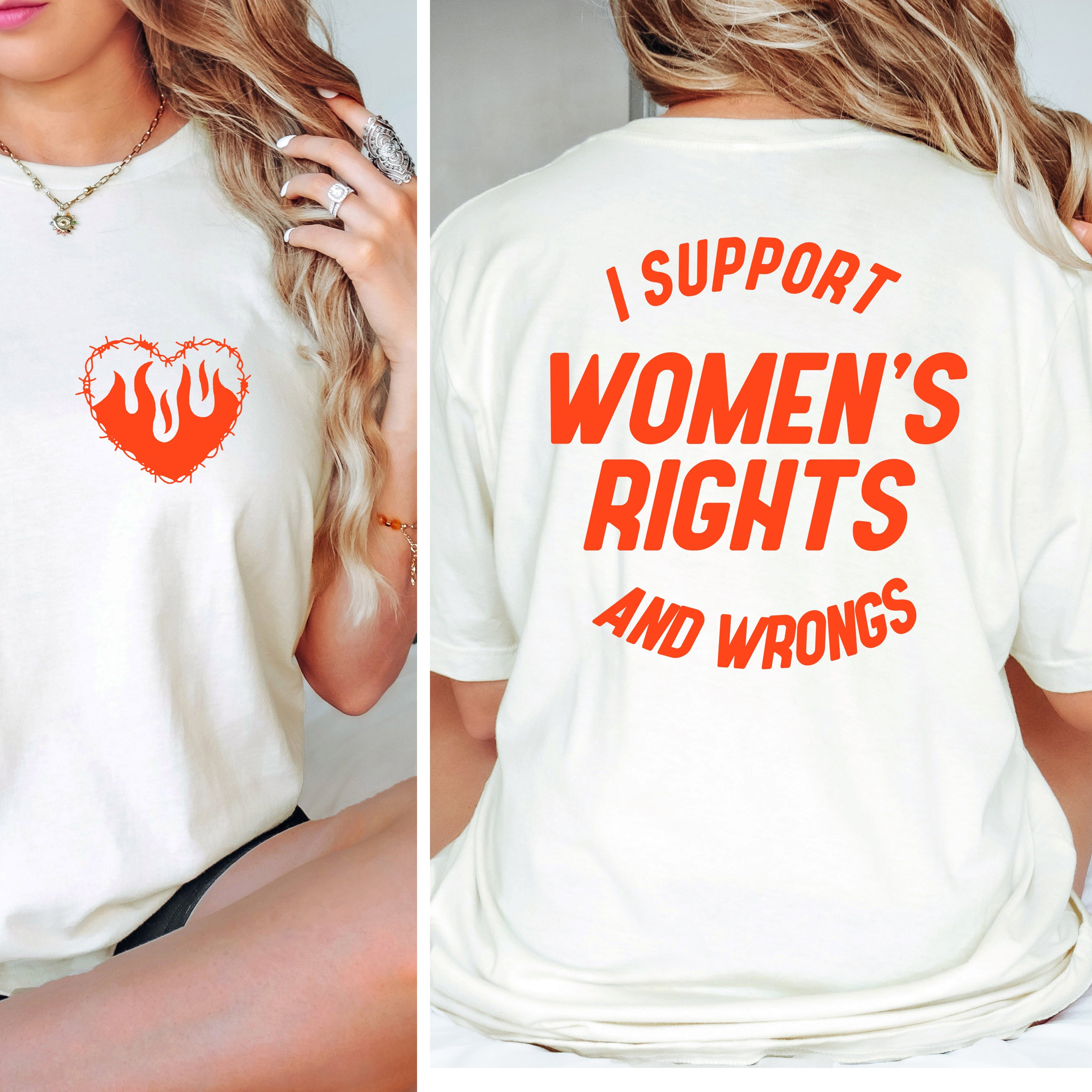 White t-shirt with red text on front and back worn by a person.
