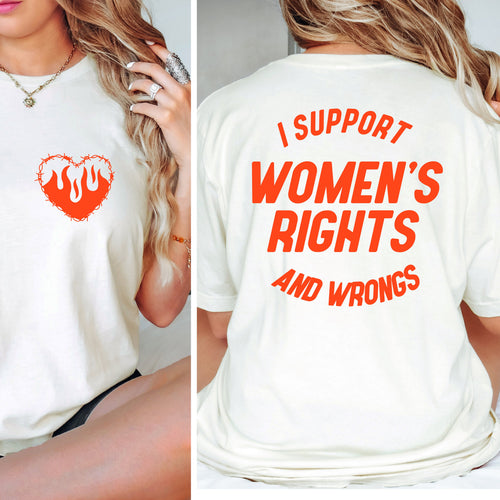 White t-shirt with red text on front and back worn by a person.