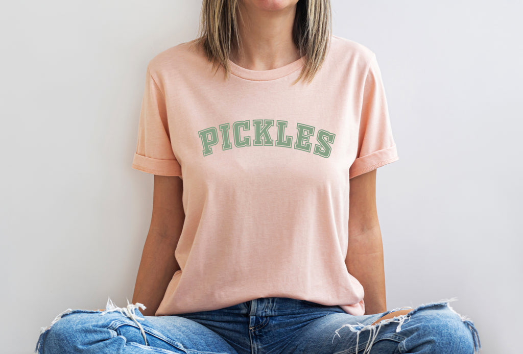 Retro "Pickles" Varsity Graphic T-Shirt - Cute Foodie Aesthetic Tee