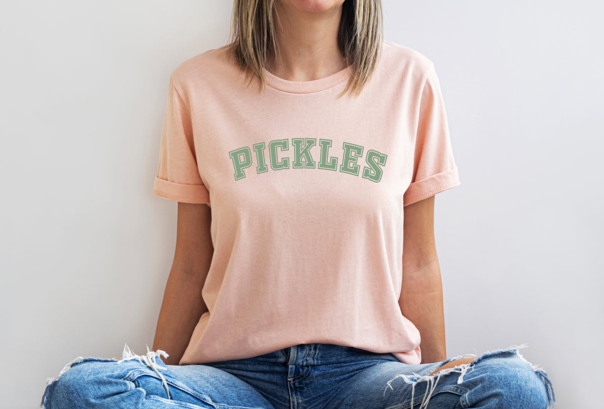 Retro "Pickles" Varsity Graphic T-Shirt - Cute Foodie Aesthetic Tee