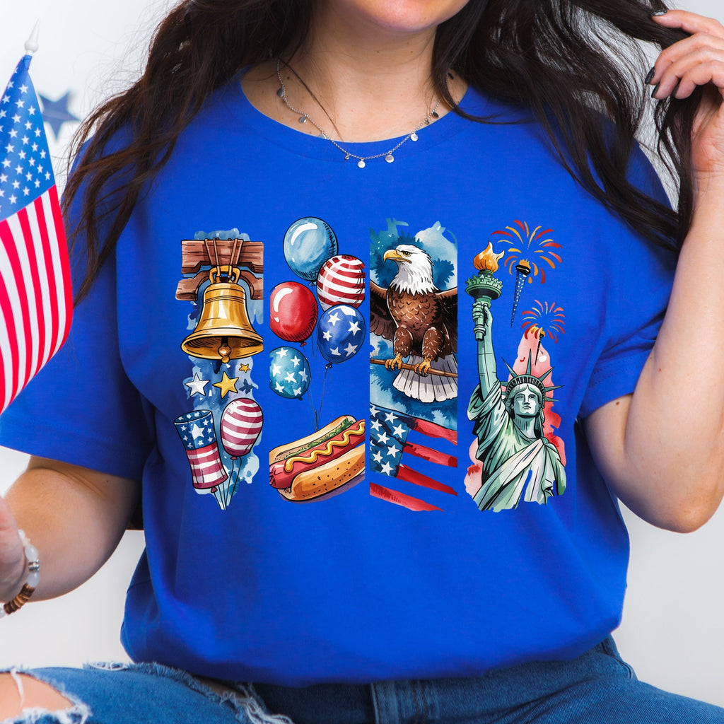 Person wearing a blue t-shirt with American-themed graphics, holding an American flag.